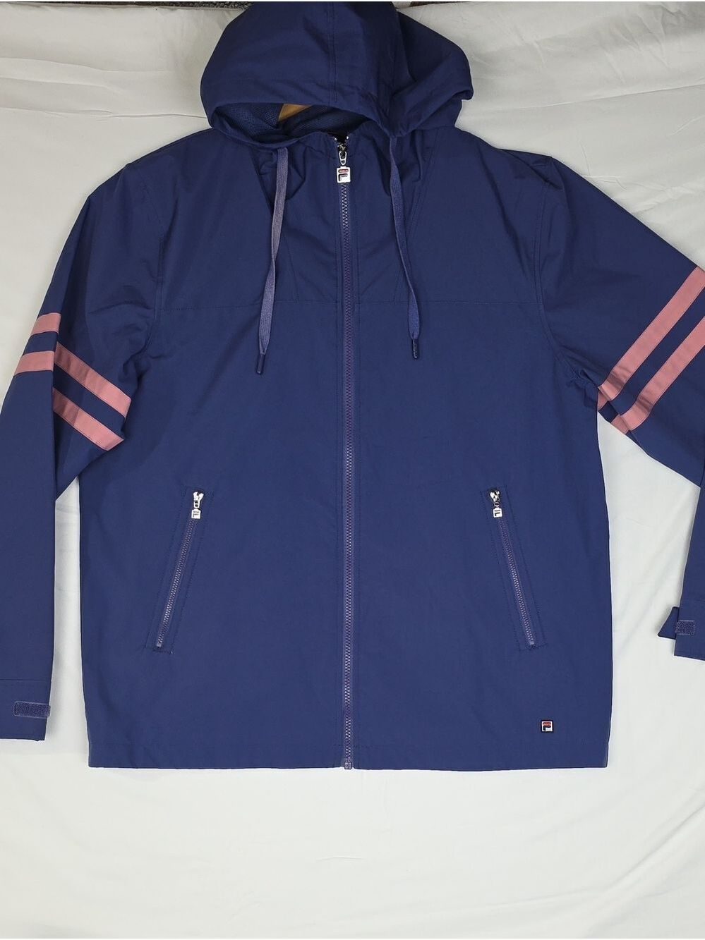 Fila Navy Hooded Jacket with Pink Sleeve Stripes